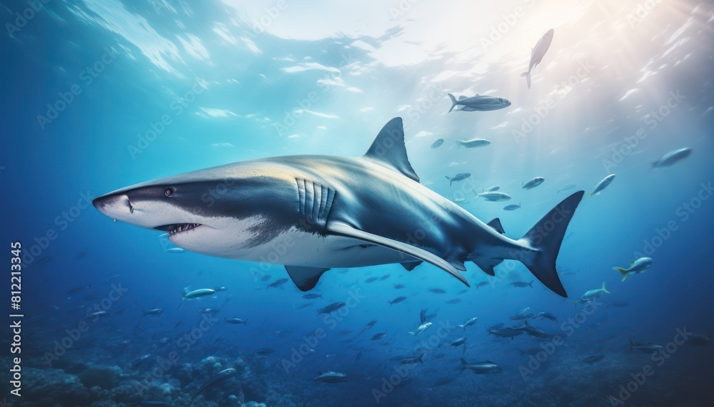Naklejka premium The great White Shark in the ocean, portrait of White shark hunting prey in the underwater
