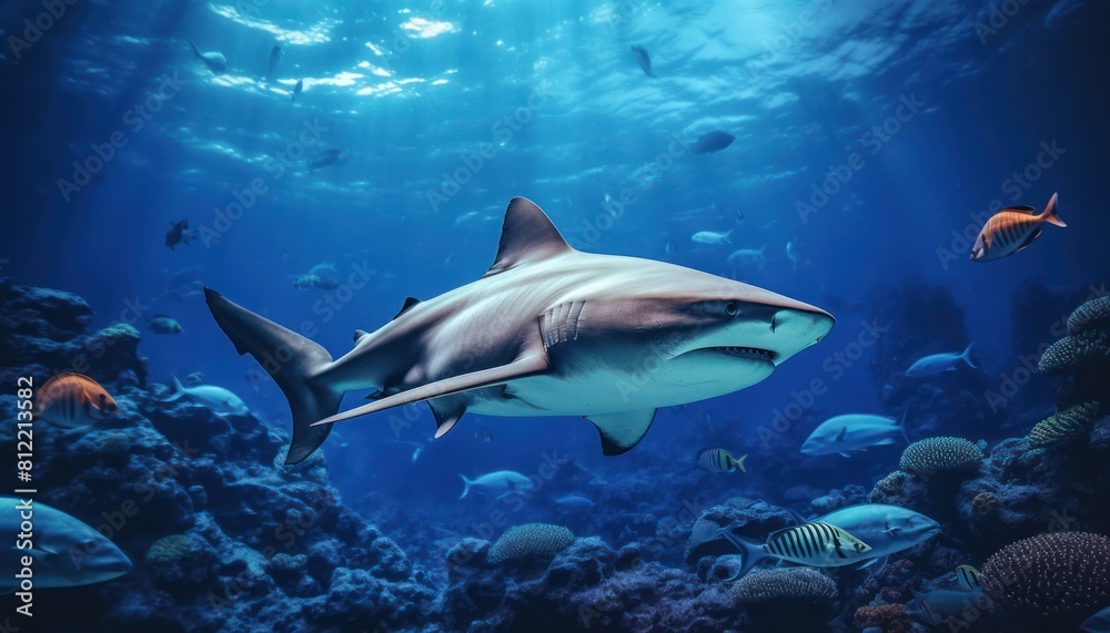 The great White Shark in the ocean, portrait of White shark hunting prey in the underwater The great White Shark in the ocean, portrait of White shark hunting prey in the underwater