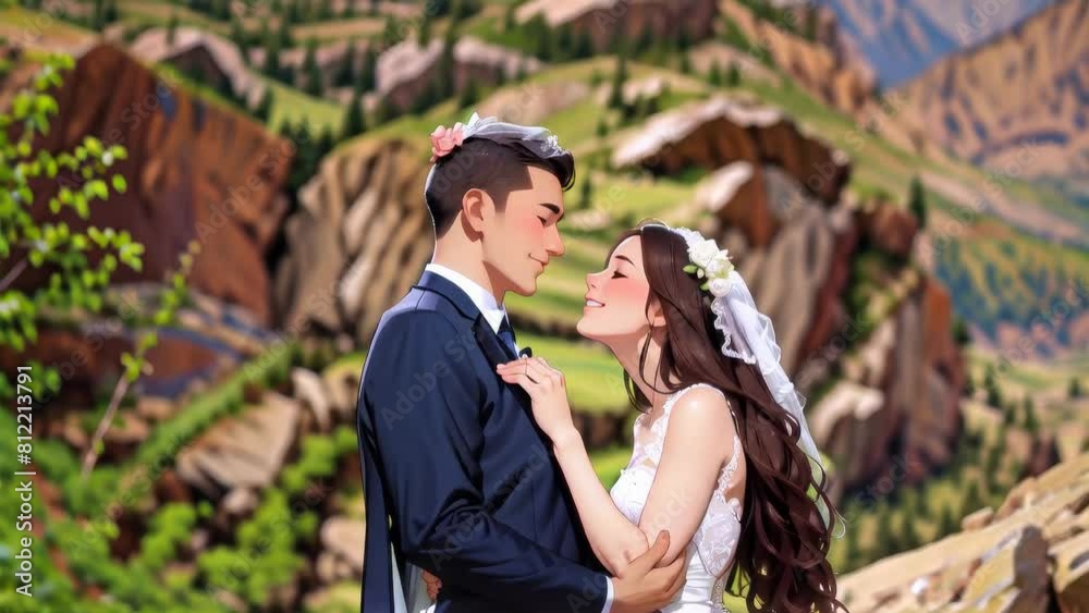 Bride And Groom Embracing At The Mountain seamless loop animation