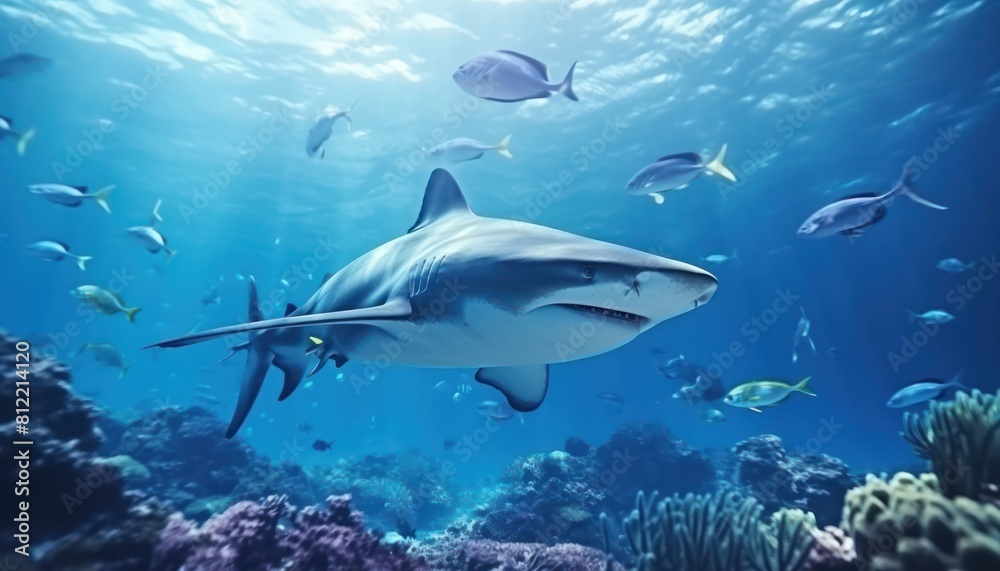 The great White Shark in the ocean, portrait of White shark hunting prey in the underwater