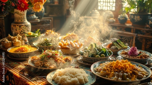 Assortment of Thai dishes on a banquet table, set in a traditional dining setting with steam rising. Thai meal. Concept of Asian dining experience, cultural feast, and authentic cuisine.