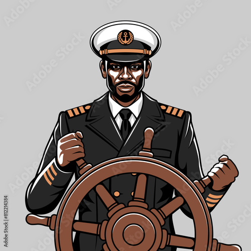Black man in captain uniform stands at the helm of a ship