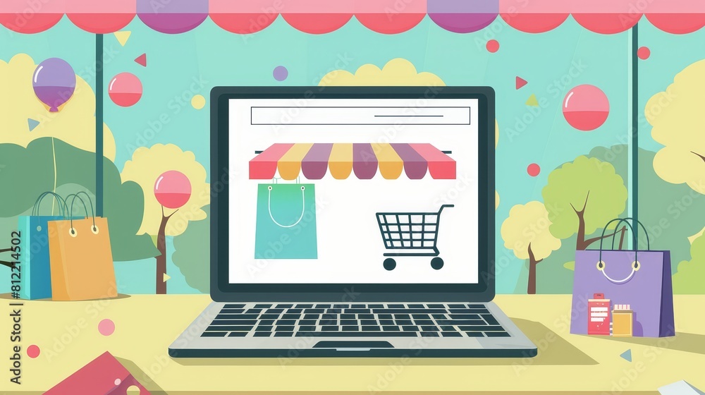 Shopping on laptop flat design front view home shopping theme water color Complementary Color Scheme