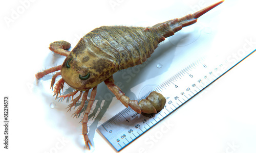 A 3D illustration Eurypterus Remipes up-close with a ruler for scale. Eurypterus is an extinct genus of eurypterid, a group commonly called 