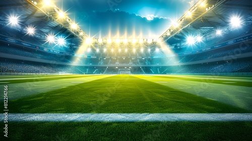 Illuminated empty football stadium with green grass, ready for game night. Professional sports venue with lights on. Perfect for sports backgrounds. AI