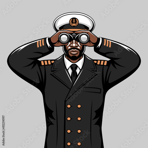 Black man in captain uniform looking through binoculars