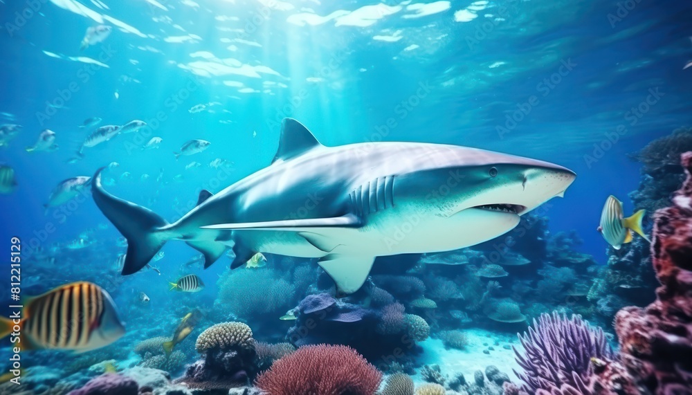 The great White Shark in the ocean, portrait of White shark hunting prey in the underwater The great White Shark in the ocean, portrait of White shark hunting prey in the underwater