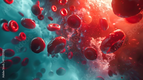 Vibrant depiction of circulating red blood cells. High-resolution erythrocytes image. Useful for educational content on blood function and cellular health. Banner. Space for text