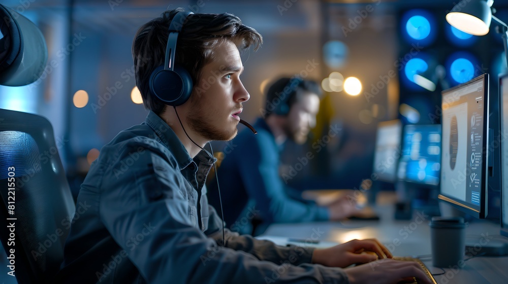 Focused man working late in a modern tech startup office. Casual style, software development. Teamwork environment. Concentrated on the screen. AI Focused man working late in a modern tech startup office. Casual style, software development. Teamwork environment. Concentrated on the screen. AI