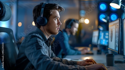 Focused man working late in a modern tech startup office. Casual style, software development. Teamwork environment. Concentrated on the screen. AI photo