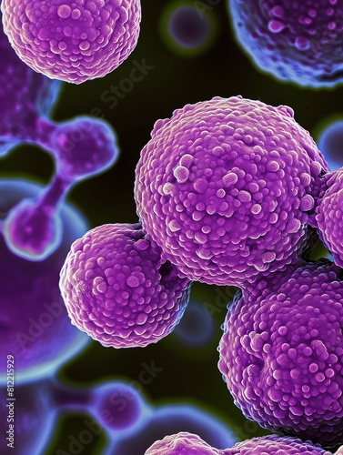 Generate an image of cancer cells under a microscope. The cancer cells should be purple and the background should be dark.