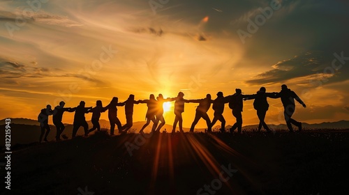 A group of people holding hands in a field. The sun is setting in the background.