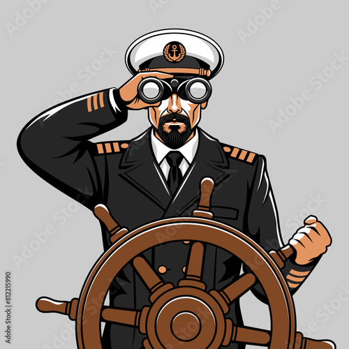 Man in captain uniform looking through binoculars stands at the helm of a ship