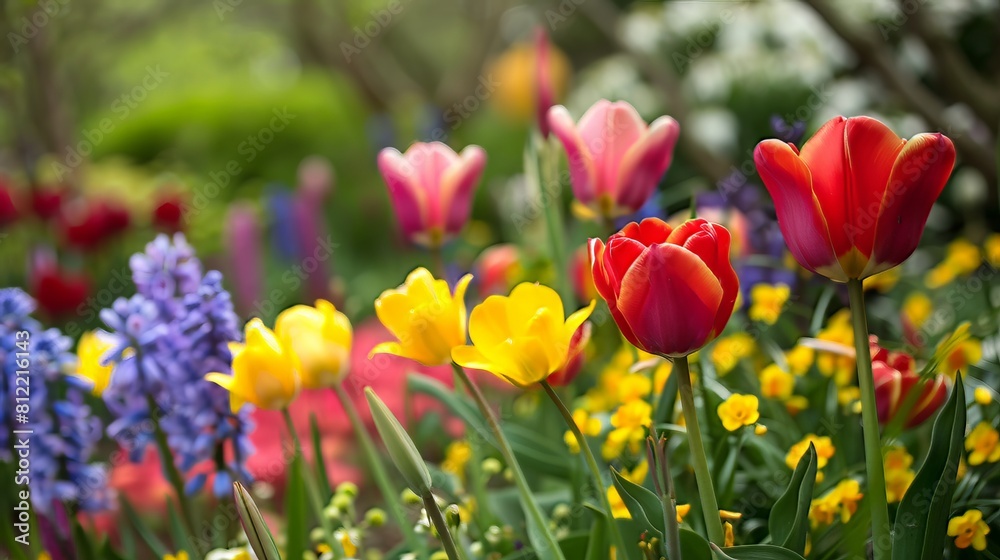 Springtime Garden: In a vibrant springtime garden, flowers of various colors burst into bloom, creating a dazzling display of reds, pinks, yellows, and purples Springtime Garden: In a vibrant springtime garden, flowers of various colors burst into bloom, creating a dazzling display of reds, pinks, yellows, and purples