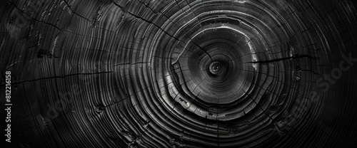 Detailed and dramatic black and white image showcasing the intricate patterns of a tree's growth rings, highlighting natural textures and the beauty of age and time