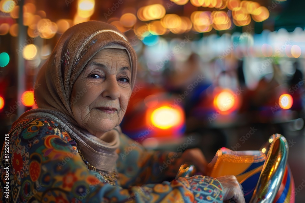Obraz premium Serene older woman in a traditional dress sitting in a bright fairground with lit decorations