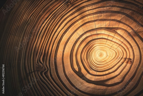 Close-up of a cross-section of a tree log highlighting the detailed concentric tree rings with a warm, golden tone, suitable for backgrounds or themes about nature and growth