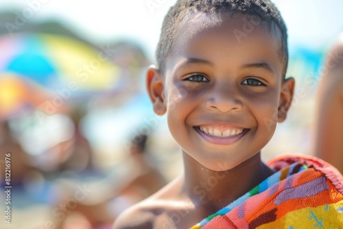 A young African American boy smiling at the camera  wrapped in a colorful beach towel