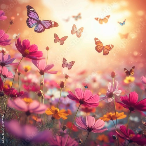  Butterflies dance above a field of flowers in the warm sunlight. © Mohammad
