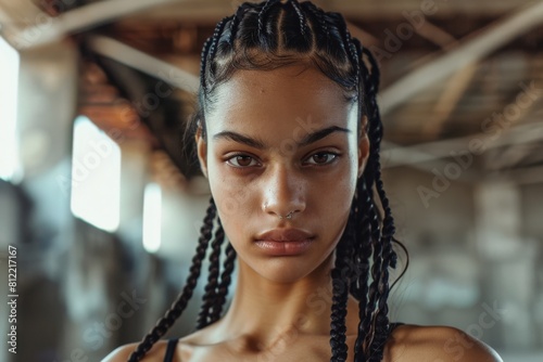 An intense portrait of a young woman with striking eyes and detailed braids, giving a powerful gaze