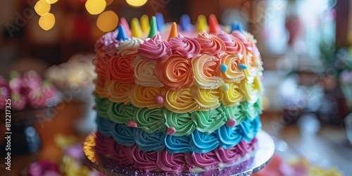 Multicolored Cake With Candles. Generative AI
