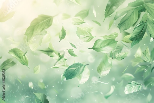 World environment day concept. Soft green background with flying leaves. 