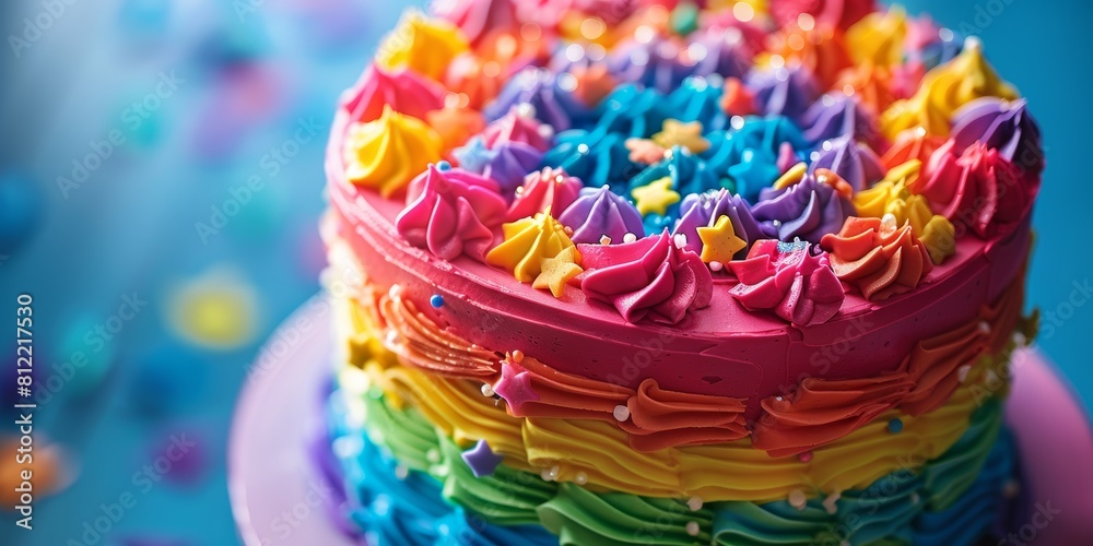 Rainbow Colored Cake With Stars. Generative AI