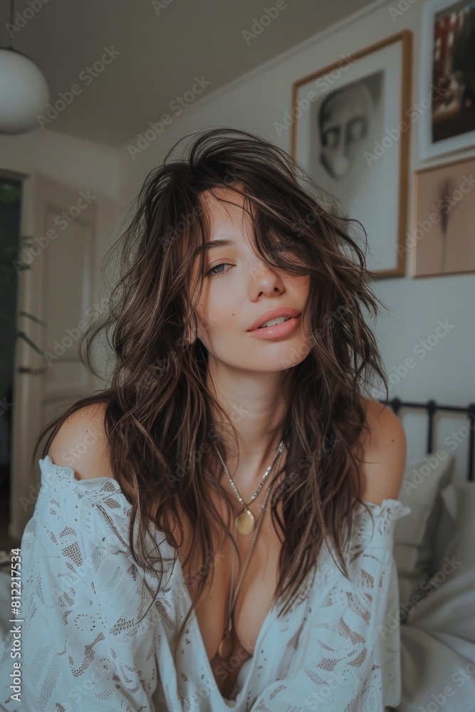 A woman with long brown hair and a necklace is sitting on a bed A woman with long brown hair and a necklace is sitting on a bed