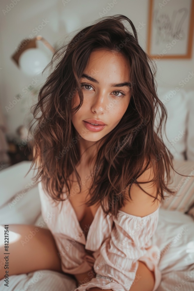 A woman with long brown hair is sitting on a bed in a pink shirt