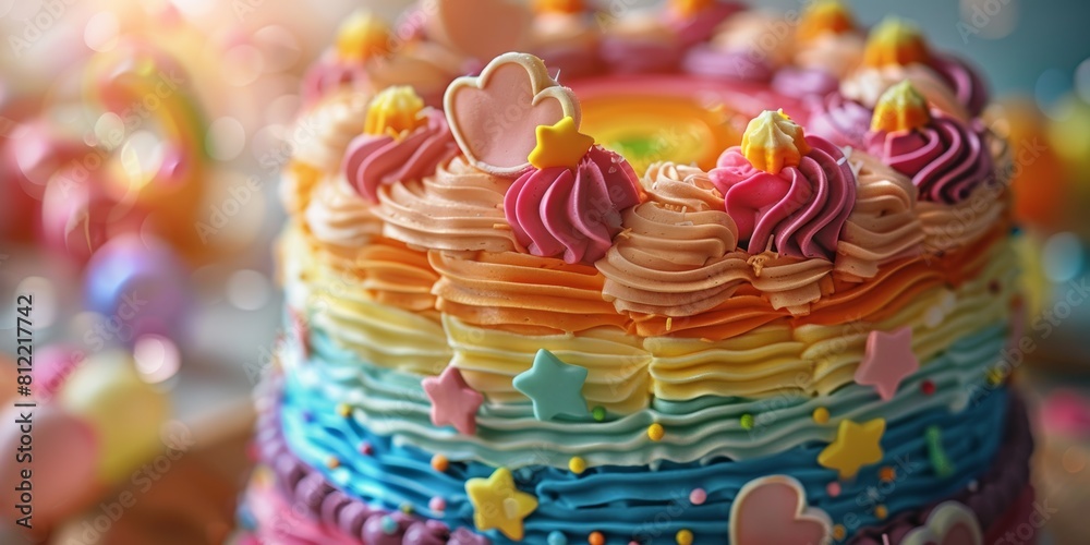 Vibrant Rainbow Cake With Stars and Hearts. Generative AI