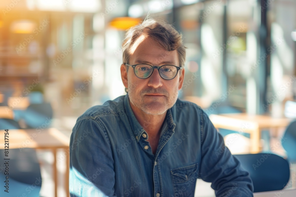 Relaxed man with glasses leaning in an office space with natural light Relaxed man with glasses leaning in an office space with natural light
