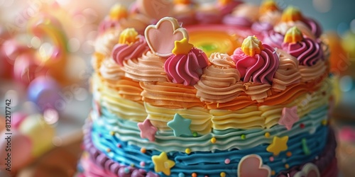 Vibrant Rainbow Cake With Stars and Hearts. Generative AI