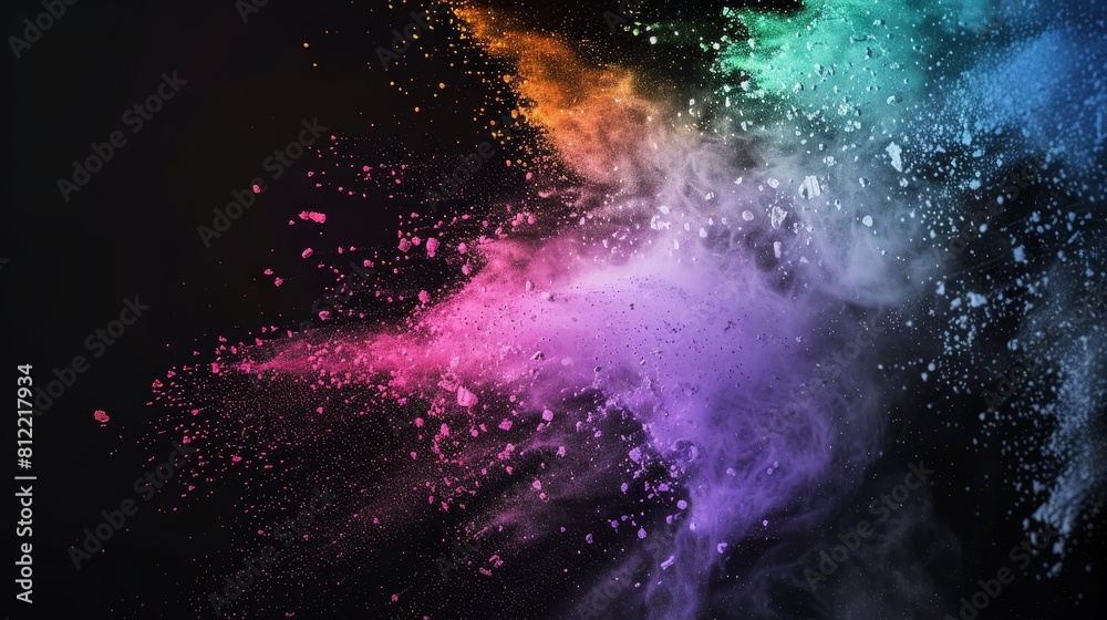 Arresting image showcasing a vibrant explosion of multicolored powder dust against a stark black background
