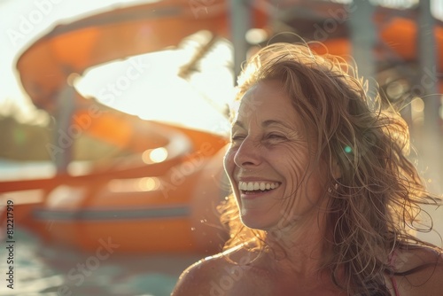 A woman laughs wholeheartedly while being splashed in a pool, with water slides and sunset behind photo