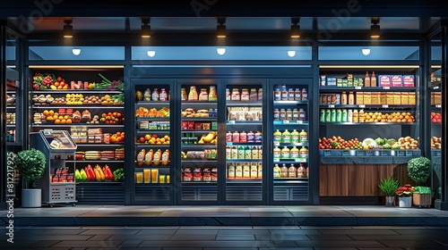 A supermarket store with a lot of food and drinks in the freezer section