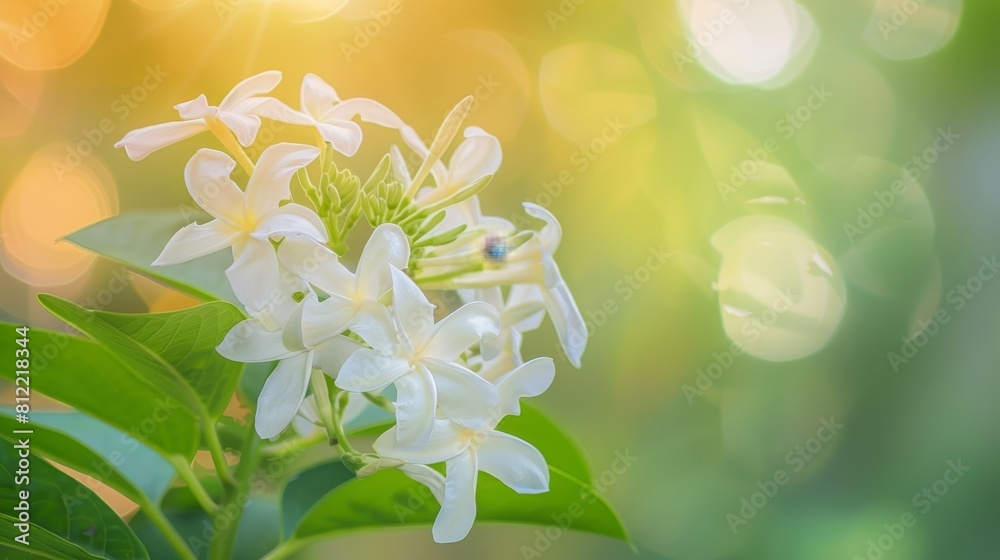 A bunch of white flowers with green leaves A bunch of white flowers with green leaves