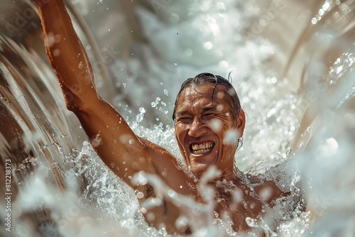 A man is submerged in water  arms raised  with joy and splashes surrounding him