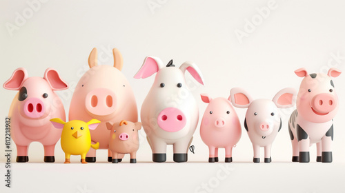 Farm animals with their baby. Cartoon pet animal family. Mothers and kids. Domestic parents and children. Mom pig with piglet  cute cow and calf. 3D avatars set vector icon  white background  black co