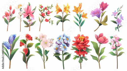 Flower bouquets. Garden blossoming flowers with stem and leaves, floral bouquet. Various cartoon romantic flowering plant for Woman and Mother day. Vector set 3D avatars set vector icon, white backgro
