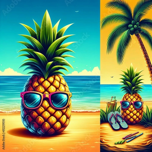  A pineapple wearing sunglasses is chilling on the beach with a drink in a tropical paradise.