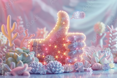 Galactic Recognition: A Thumbs Up Icon Made of Glowing Stars with a Sparkling Review Badge in a Rococo Pastel Scene