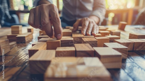 Closeup man hands pick wooden blocks for future choosing plan of business concept. Generated AI photo