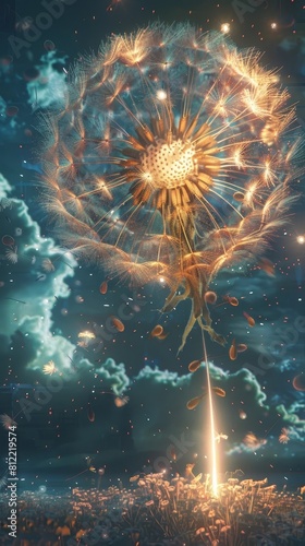 Glowing Dandelion Puff Digital Sculpture Illuminating the Night Sky with Electrifying Sparks photo