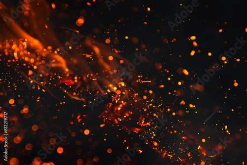 Spectacular display of vibrant orange and red sparks soaring in a dark ambiance, symbolizing energy, heat, and the raw power of fire in a captivating abstract background