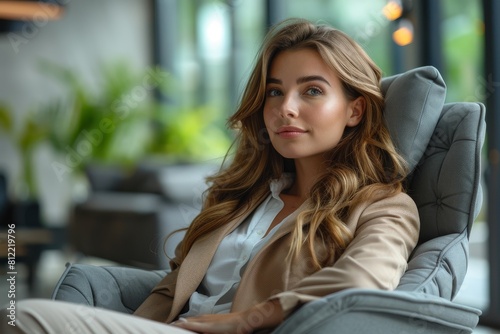A polished image of a young woman in business attire, exuding confidence as she looks away, captured in a modern interior Free Download A polished image of a young woman in business attire, exuding confidence as she looks away, captured in a modern interior - GFXLoad