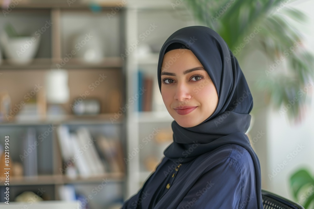 Calm portrait of a woman in an elegant dark hijab, with a modern room interior Calm portrait of a woman in an elegant dark hijab, with a modern room interior