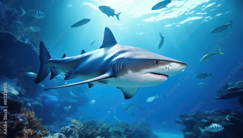 Fototapeta premium The great White Shark in the ocean, portrait of White shark hunting prey in the underwater