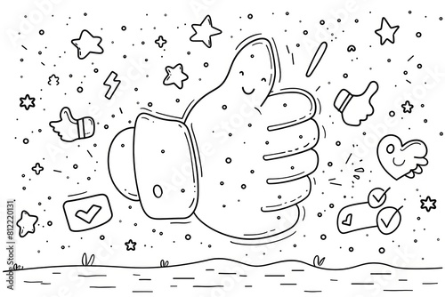 Minimalist Line Art of a Thumbs Up Symbol, Radiating with Review Stars and Checks in Kawaii Style