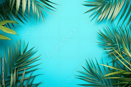 Green palm leaves on a turquoise background. Flat lay composition with copy space. Tropical and summer theme for design and print