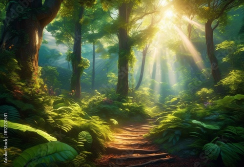 enchanting forest scenery sunlight filtering through trees, landscape, nature, woodland, view, greenery, beautiful, outdoor, serene, tranquil, peaceful photo